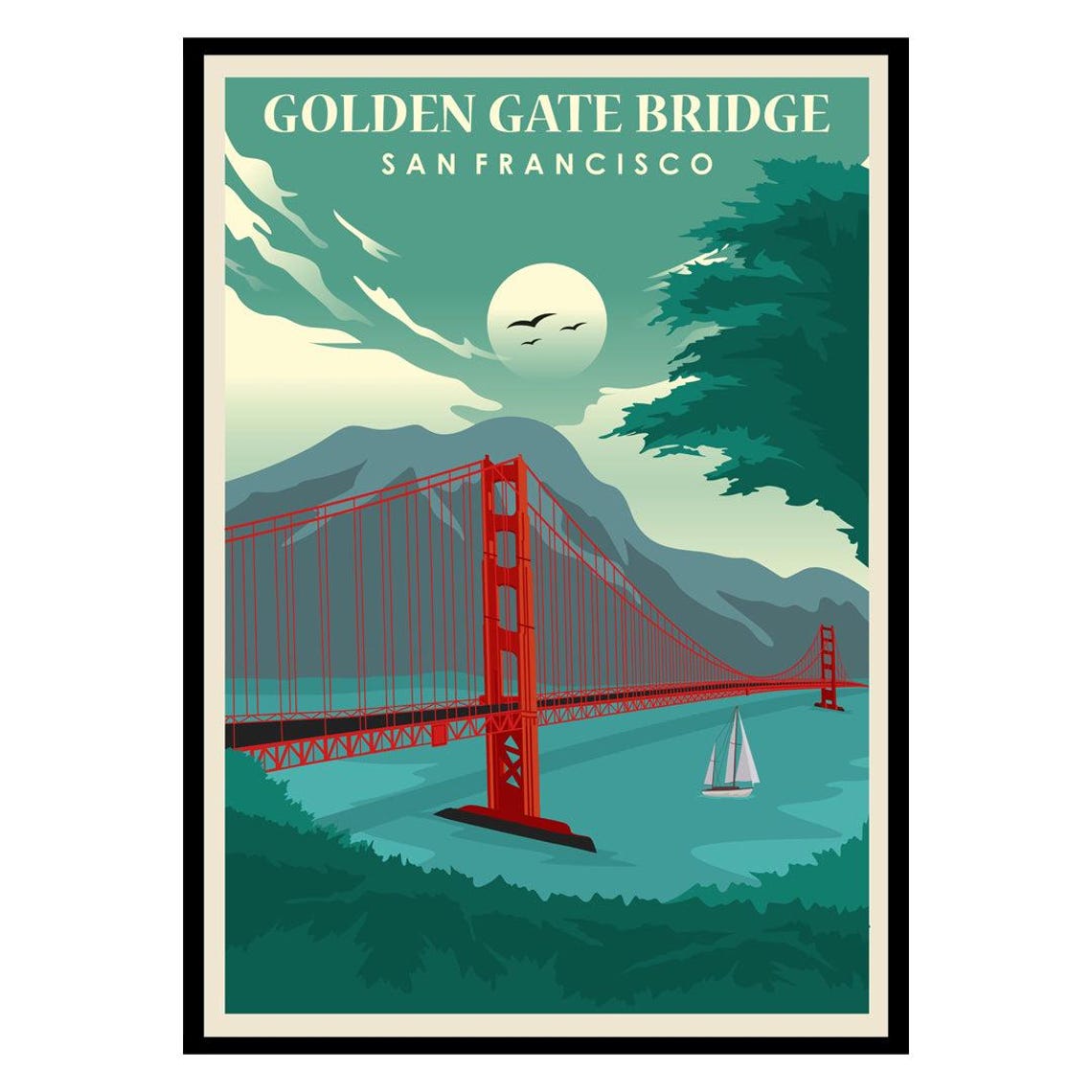 Golden Gate Bridge San Francisco Moonlight Vintage Travel Poster