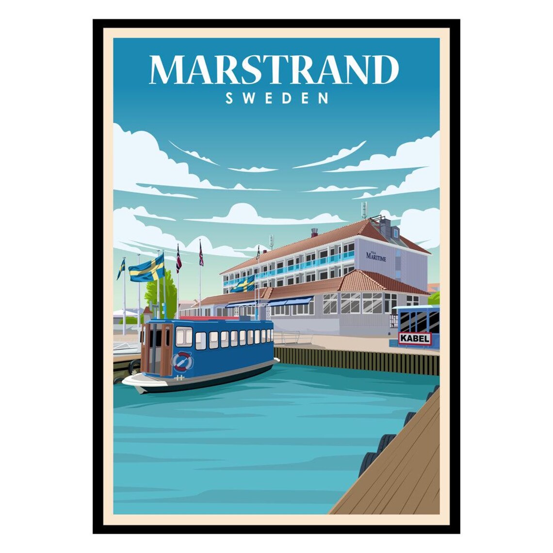 Marstrand Sweden Vintage Travel Poster Harbor Boat Summer Art