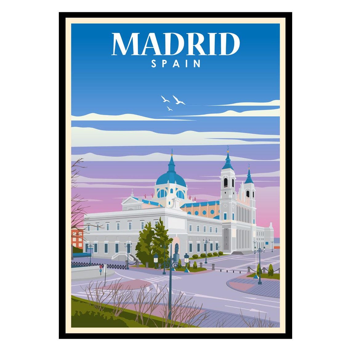 Madrid Spain Almudena Cathedral Retro City Skyline Travel Poster
