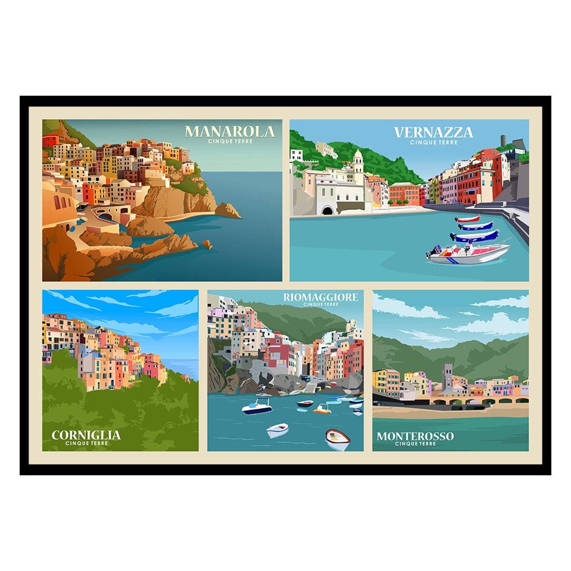 Cinque Terre Five Villages Daytime Italian Coastal Collage Poster