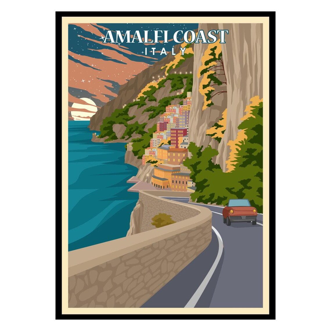 Amalfi Coast Italy Cliffside Village Road Retro Travel Poster