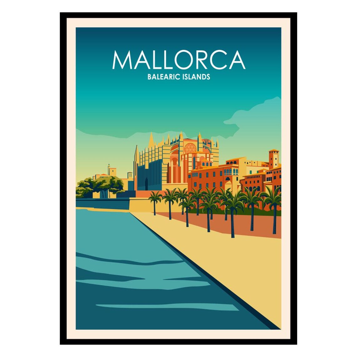 Mallorca Balearic Islands Cathedral Waterfront Vintage Travel Poster