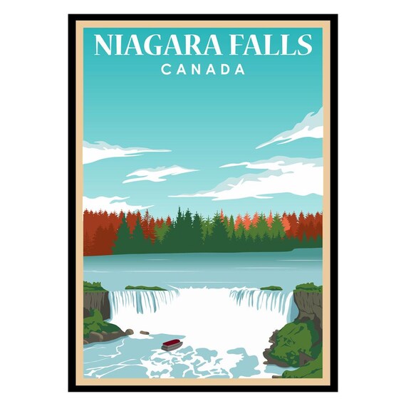 Niagara Falls Canada Vintage Waterfall Forest Travel Illustration Poster