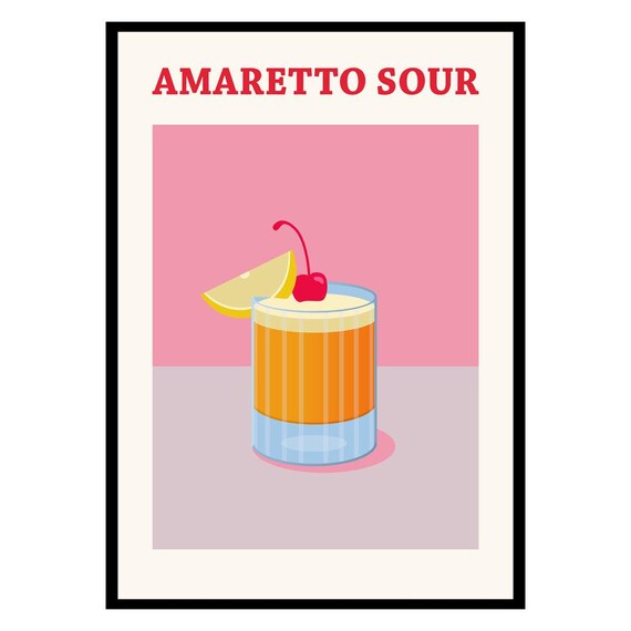 Amaretto Sour Retro Pink Cocktail Poster for Kitchen Bar Decor