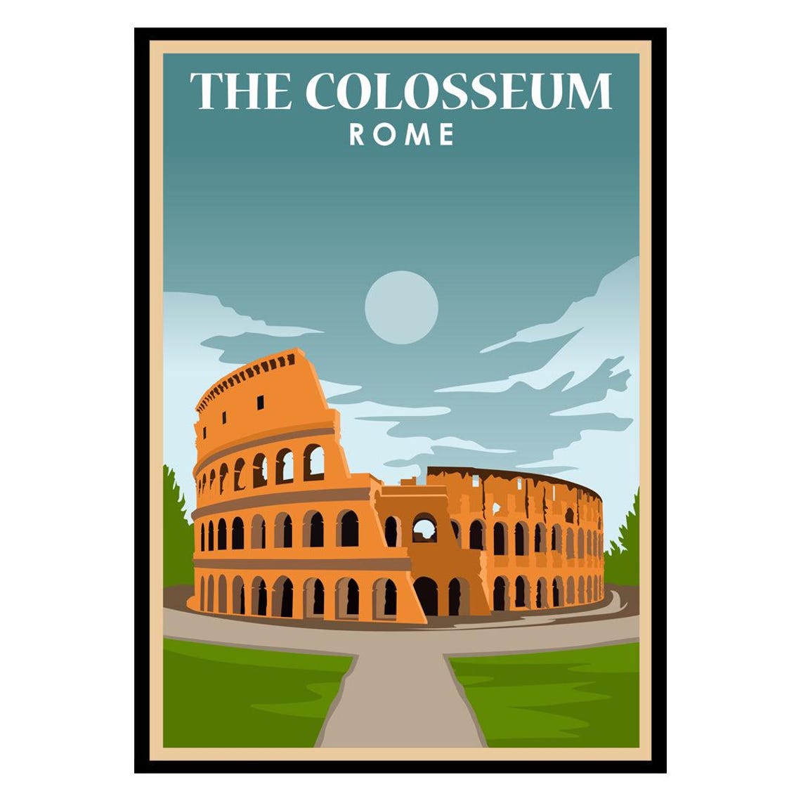 The Colosseum Rome Ancient Landmark Vintage Travel Poster Orange Sky
