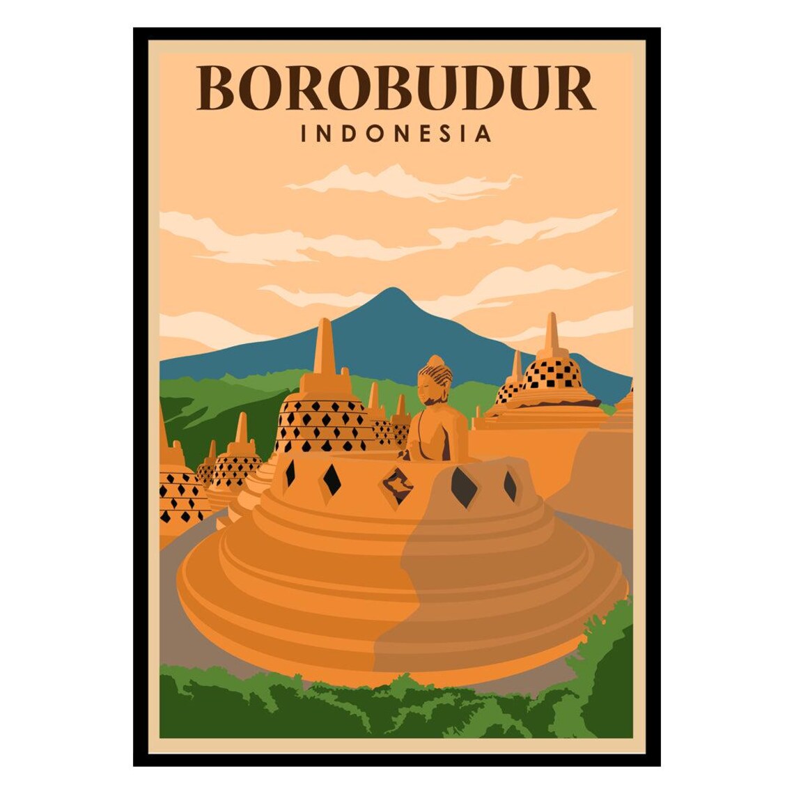 Borobudur Indonesia Temple Stupas Sunset Vintage Travel Poster