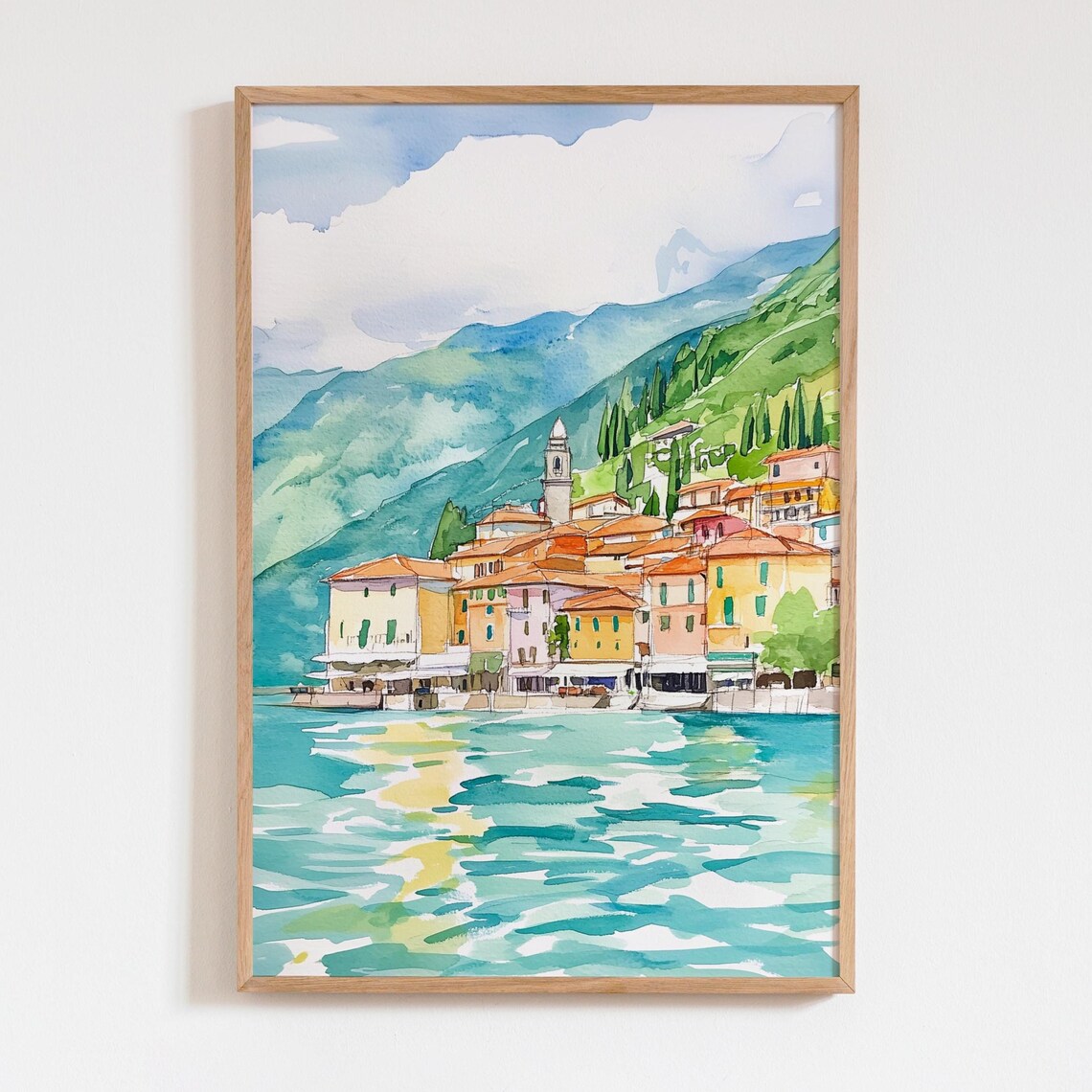 Varenna Lake Como Watercolor Print Italian Village Wall Art Colorful Mountain Town Painting Travel