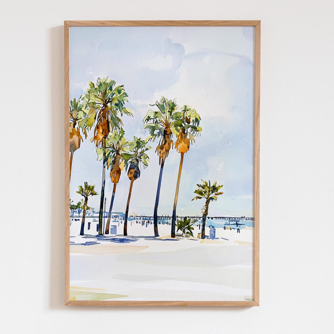Venice Beach Palm Trees and Pier Minimalist Watercolor Wall Art