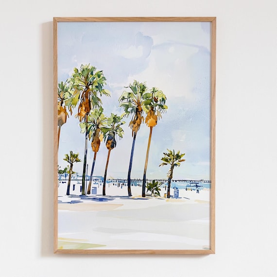 Venice Beach Watercolor Print Palm Tree Wall Art Coastal Pier Painting Minimalist Decor Travel