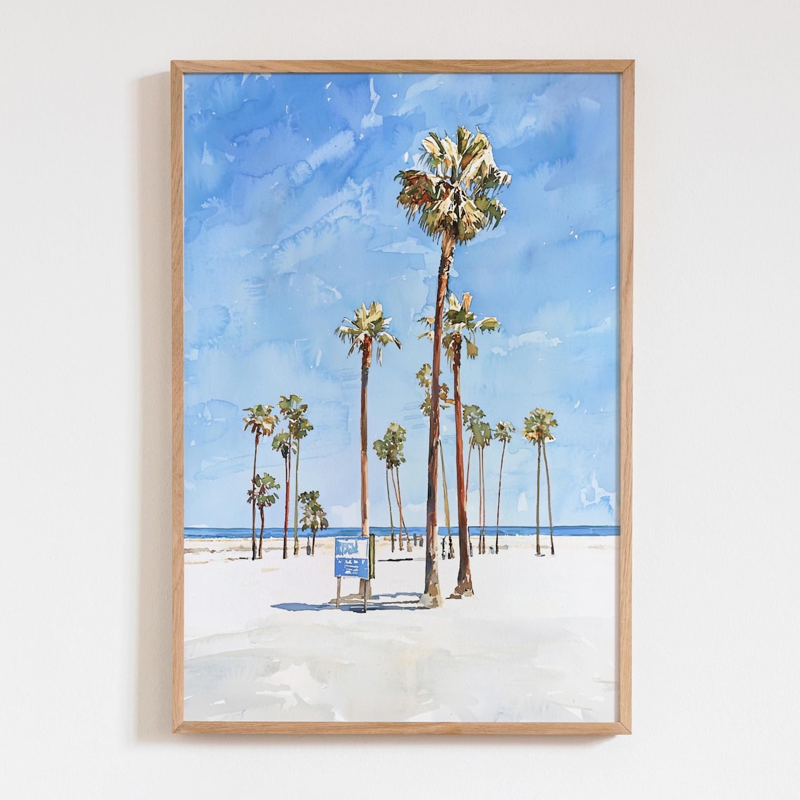 Long Beach Watercolor Palm Tree Beach Scene Coastal Travel Wall Decor Poster