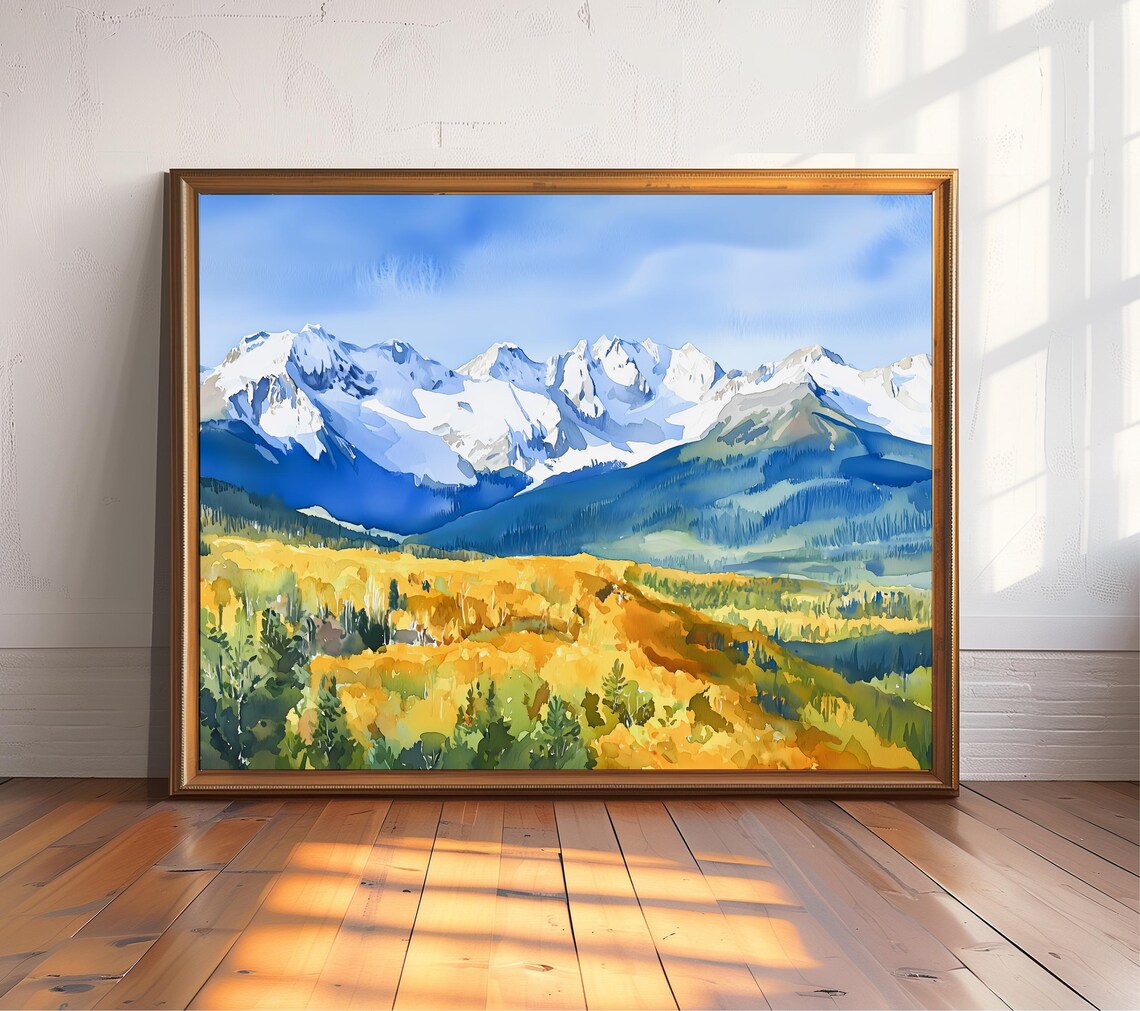 Rocky Mountains Autumn Golden Aspens Snowy Peaks Watercolor Print