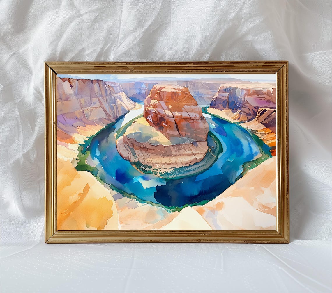 Horseshoe Bend Blue River Watercolor Canyon Landscape Poster
