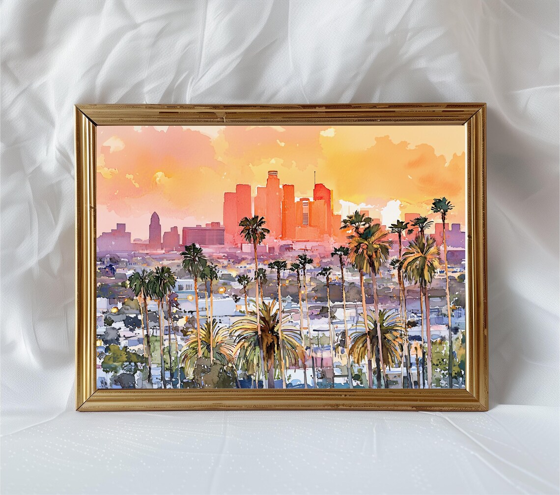 Los Angeles Skyline Watercolor Art Print, Travel Poster