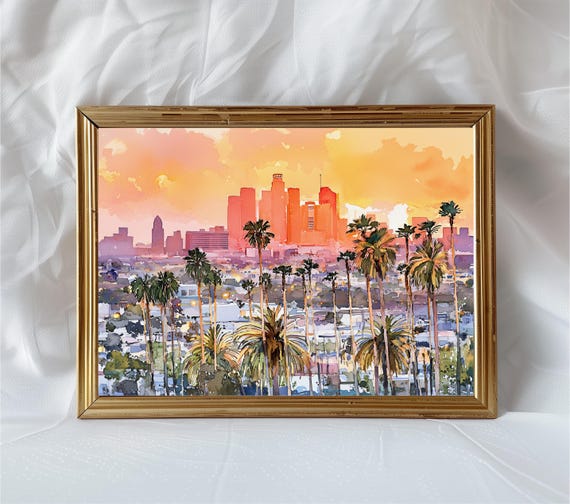 Los Angeles Skyline Watercolor Art Print, Travel Poster