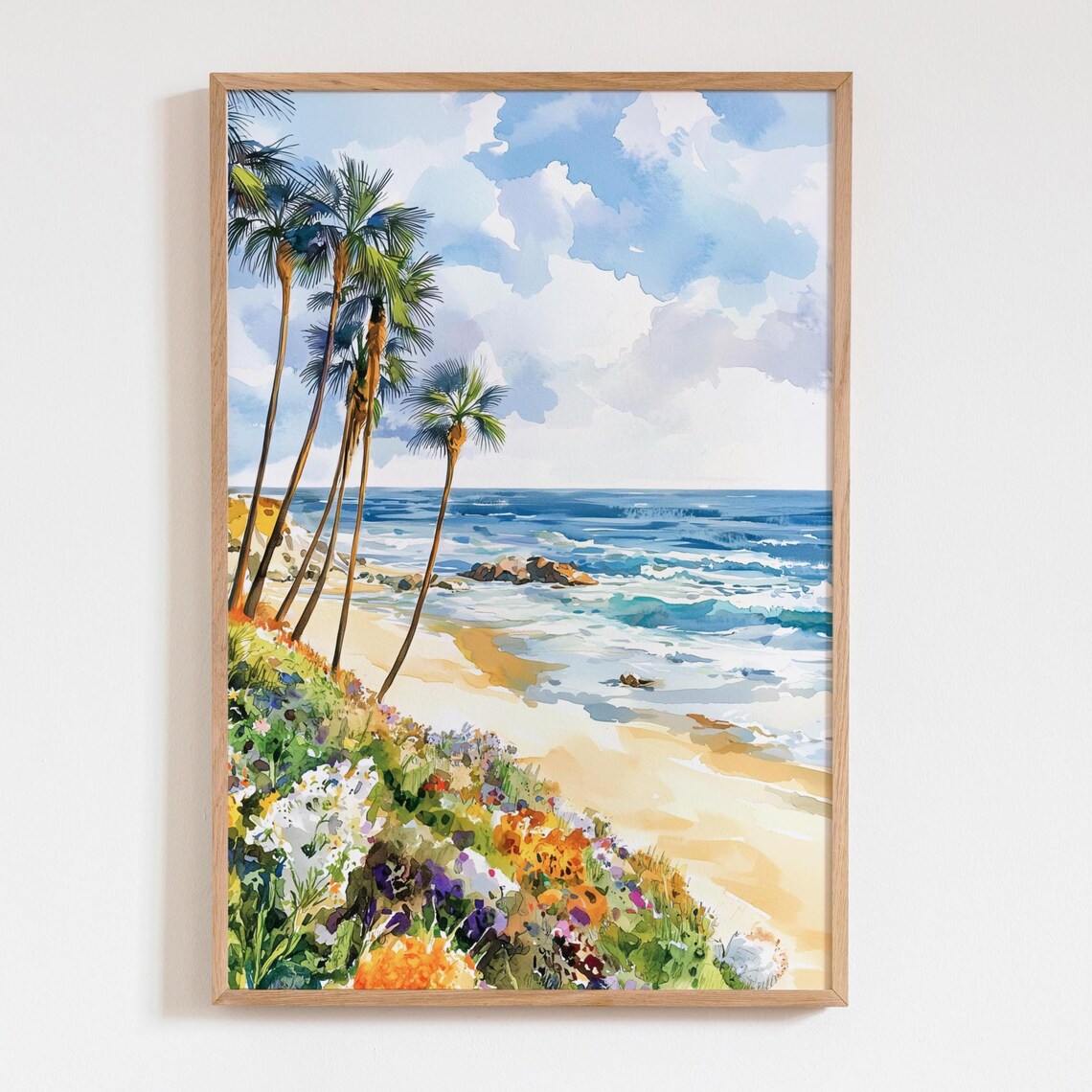 Laguna Beach Watercolor Art Palm Trees Ocean Waves Coastal Poster Gift