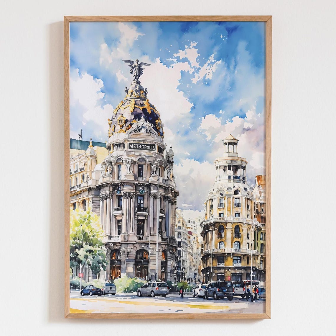 Madrid Spain Watercolor Metropolis Building Gran Via Skyline Wall Art