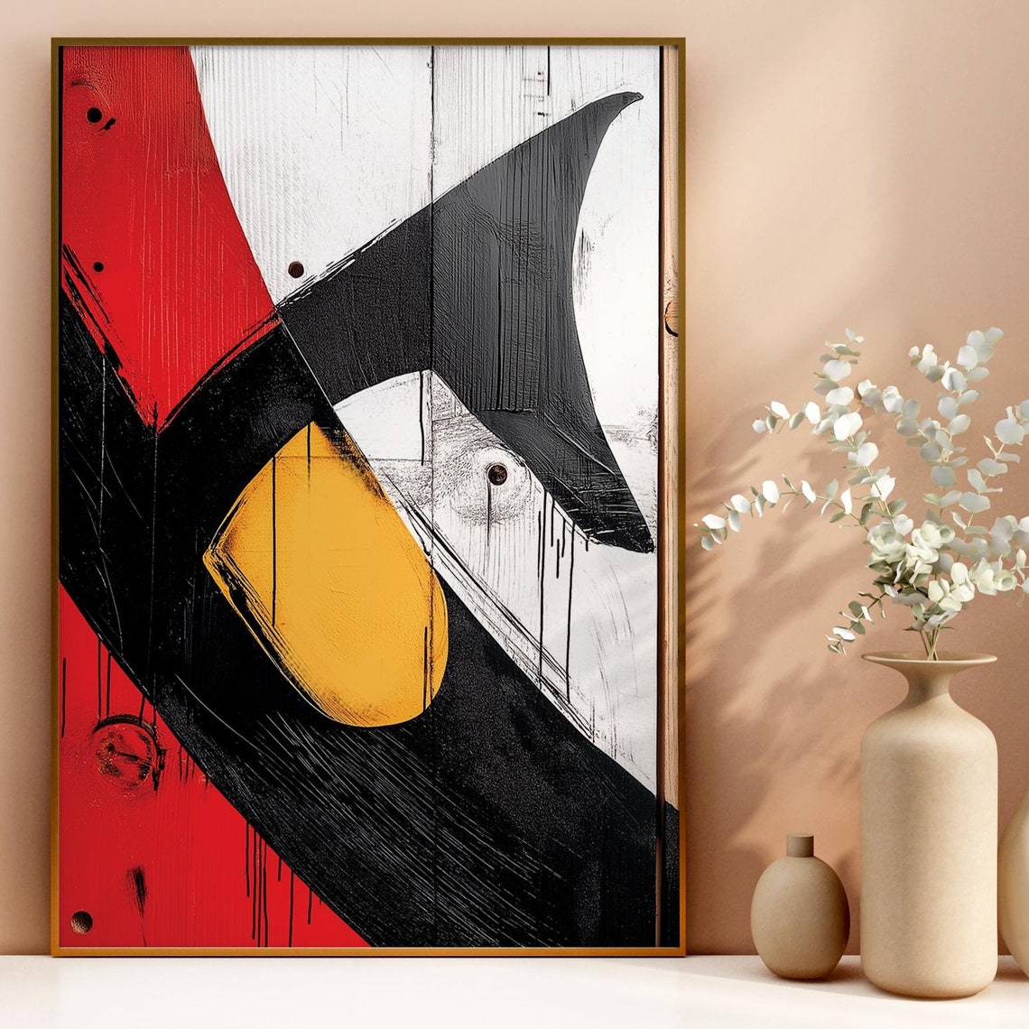 Bold Abstract Red Black White Art Mustard Yellow Oval Wood Poster