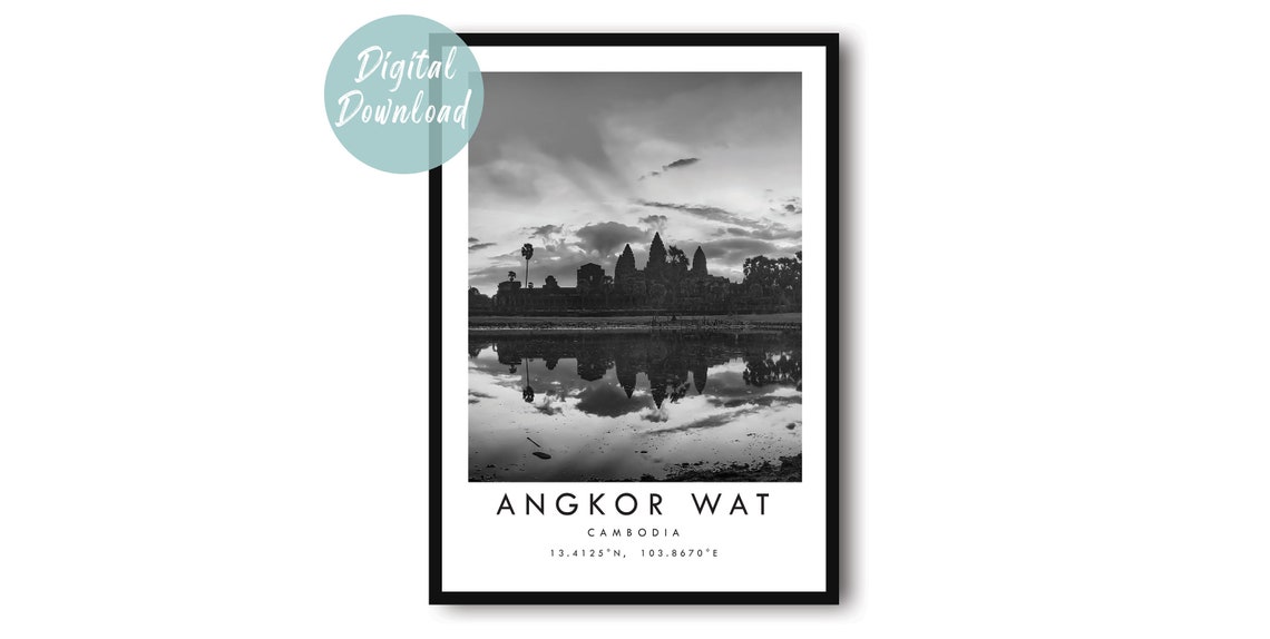 Angkor Wat Temple Silhouette Mirrored in Water Black and White Poster