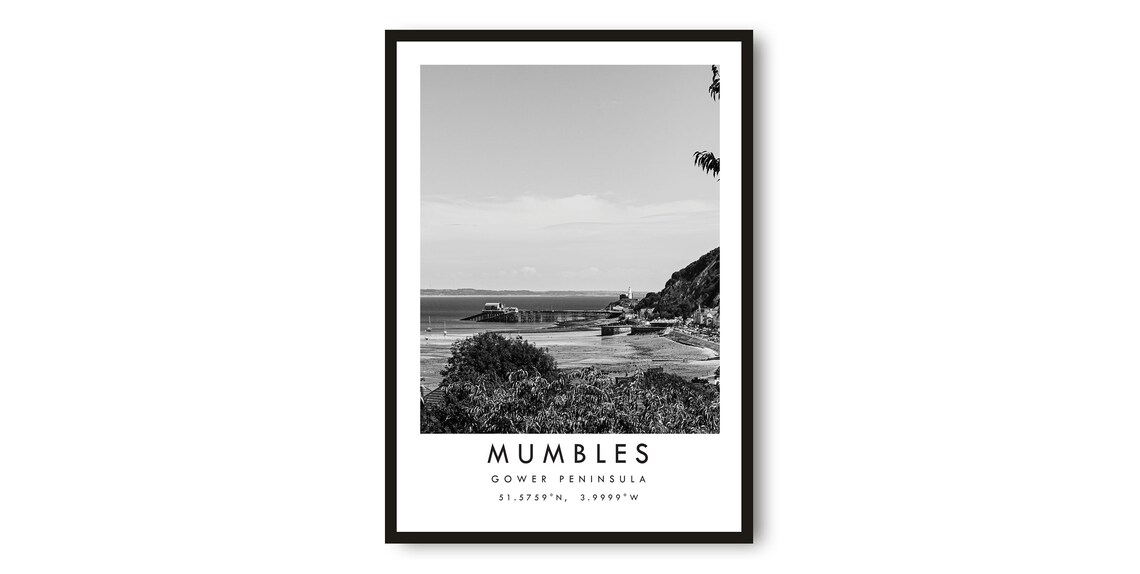 Mumbles Gower Travel Poster, Black and White Minimalist