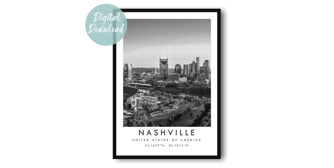 Nashville Tennessee Skyline Black and White Downtown Travel Poster
