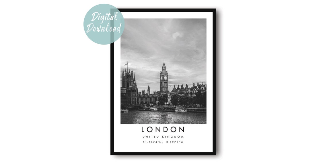 London Big Ben Parliament Riverside Black And White Travel Poster