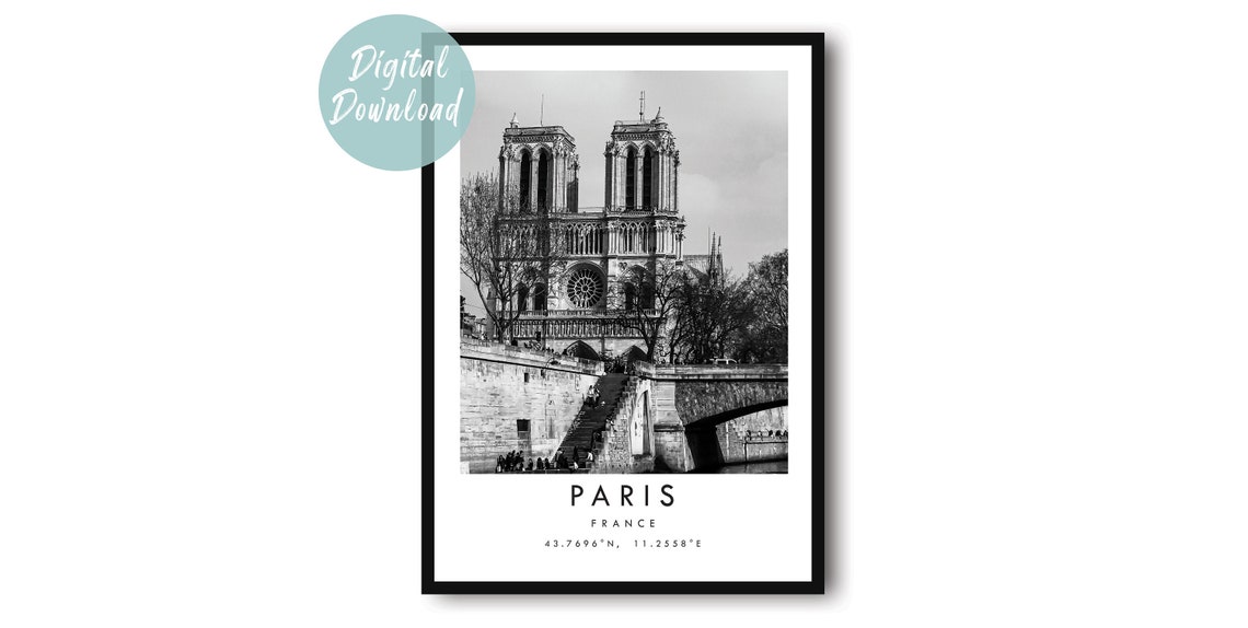 Paris Notre Dame Cathedral Riverside Black and White Travel Poster