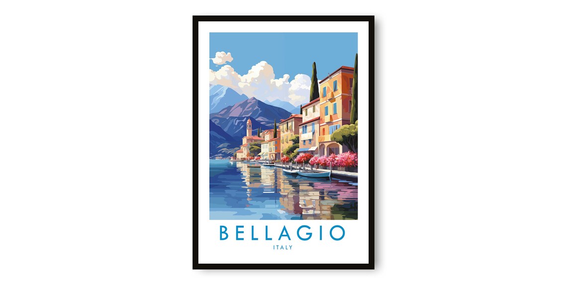Bellagio Italy Lake Como Lakeside Waterfront Vintage Travel Poster