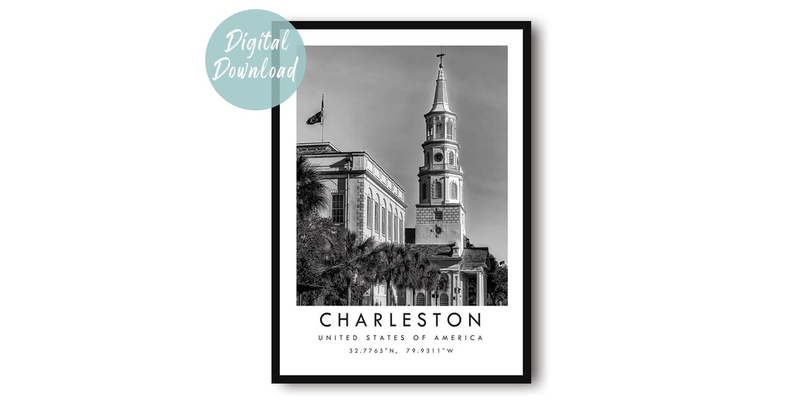 Charleston Church Steeple Black and White Photography Poster