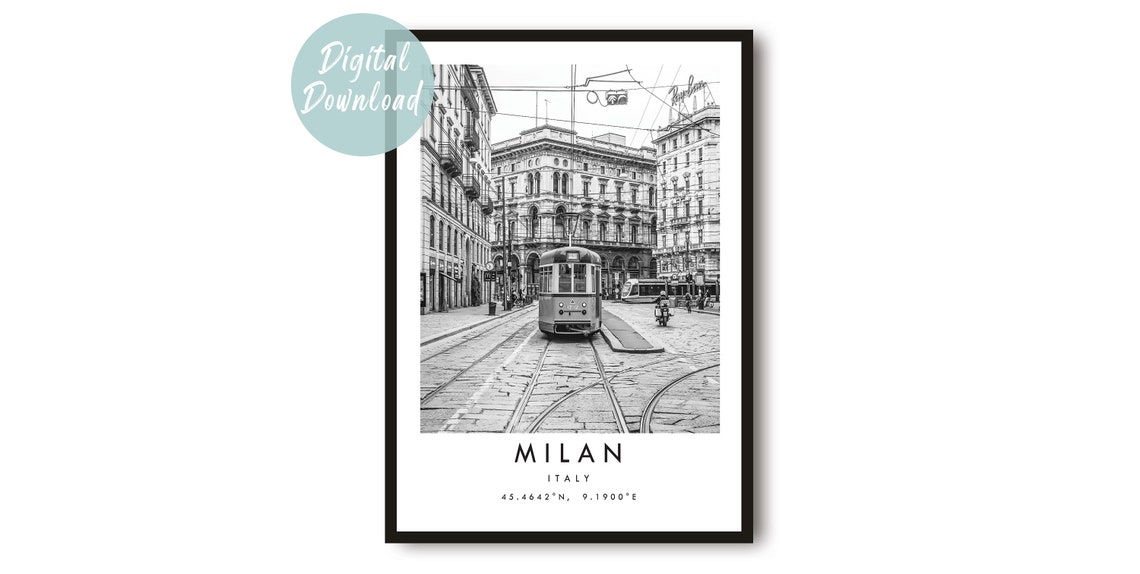 Milan Italy Black And White Tram On Historic Street Photo Poster
