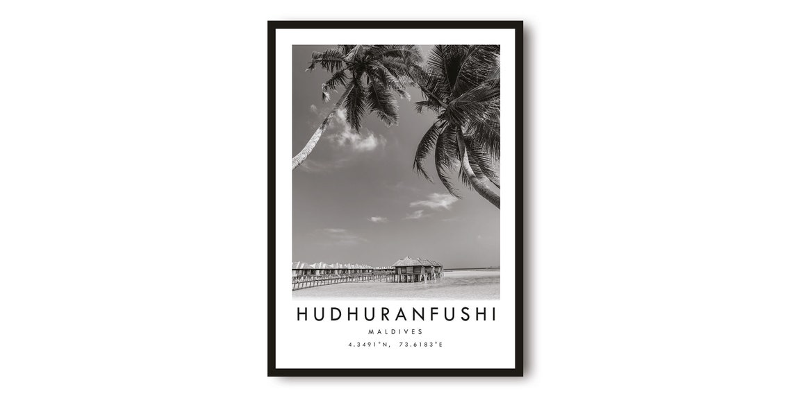 Hudhuranfushi Maldives Black and White Overwater Villas Travel Poster