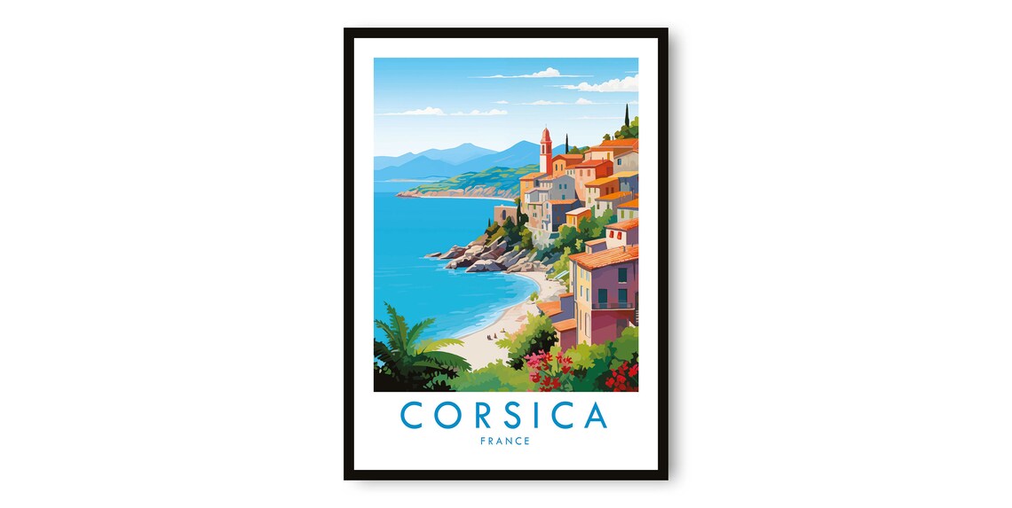 Corsica France Sunny Mediterranean Coastal Village Travel Poster