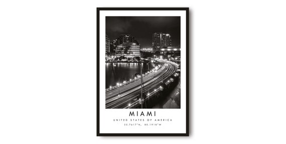 Miami Cityscape Print Black And White Travel Poster
