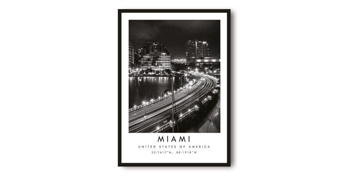 Miami Cityscape Print Black And White Travel Poster