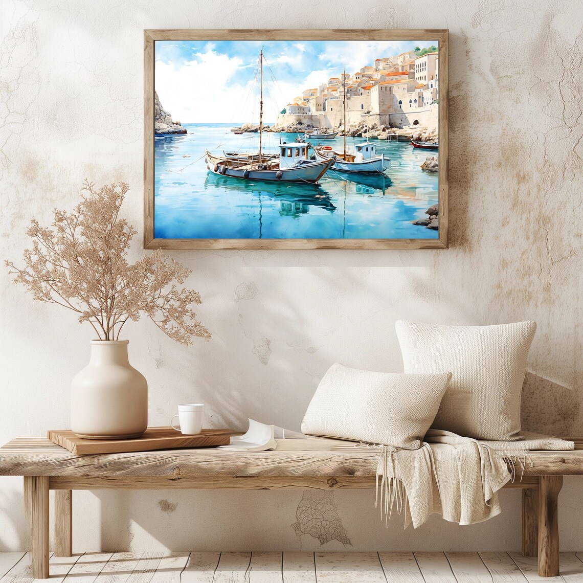 Fishing Boats Turquoise Harbor Old Coastal Town Watercolor Poster - Image 3