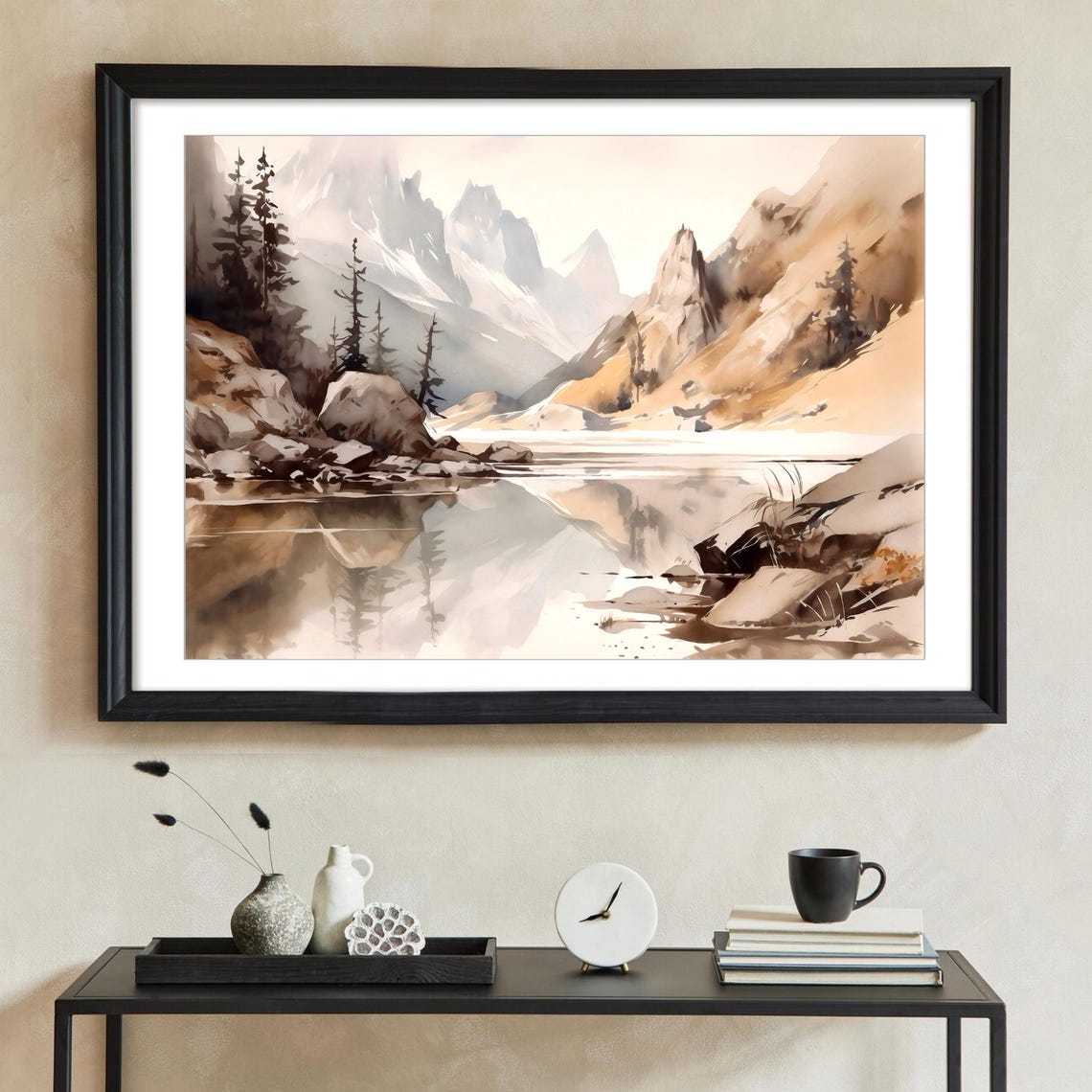 Neutral Mountain Lake with Snowy Peaks Watercolor Landscape Poster - Image 3