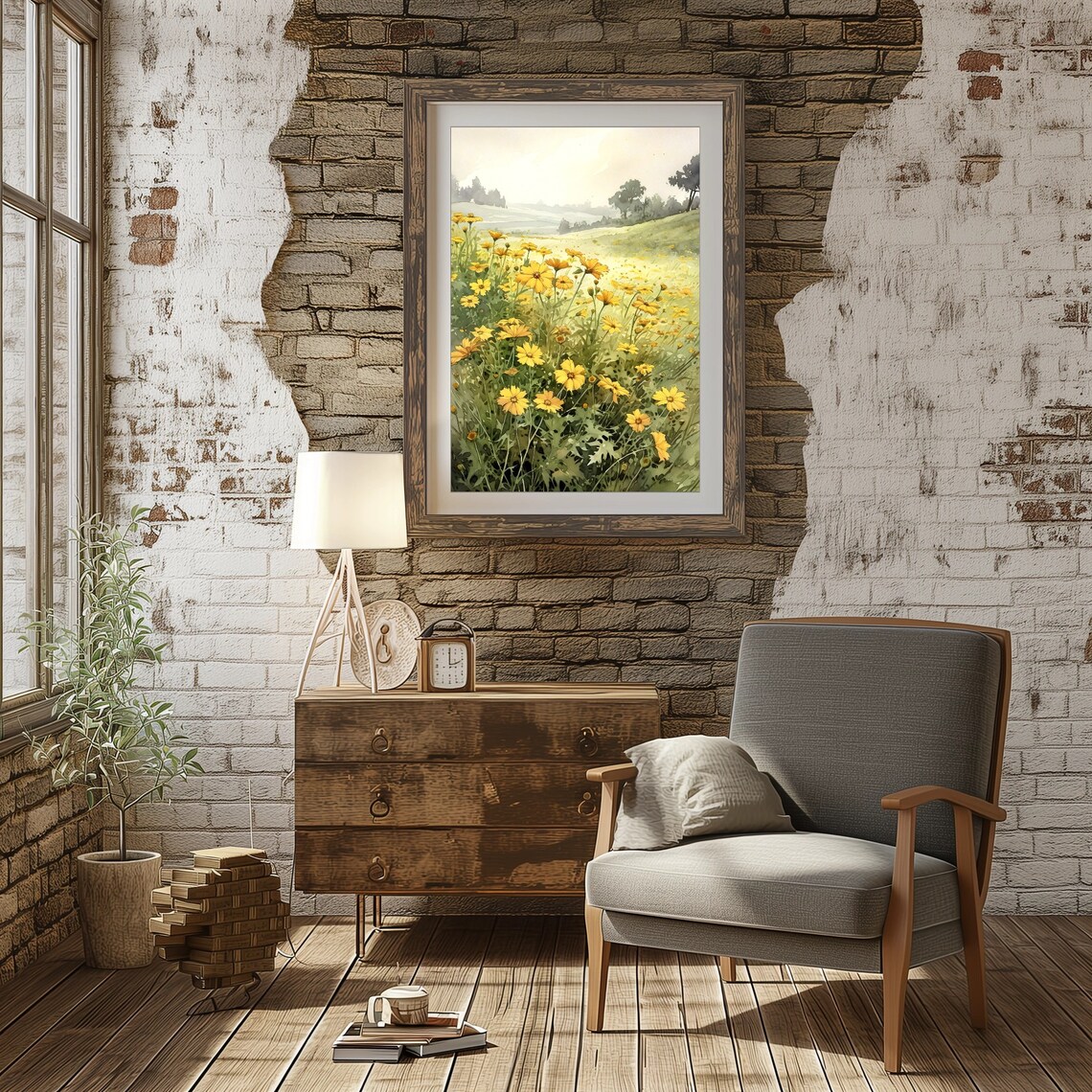 Yellow Wildflower Field Sunlit Meadow Watercolor Floral Art Poster - Image 3