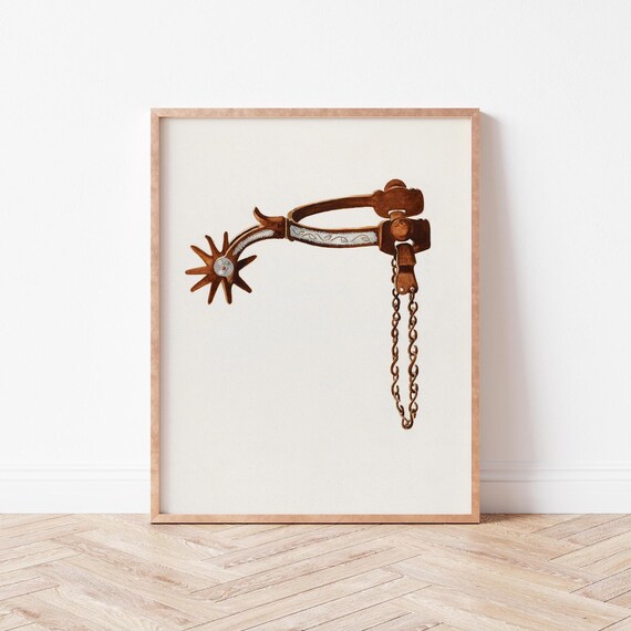 Antique Western Cowboy Spur Chain Rustic Watercolor Art Print