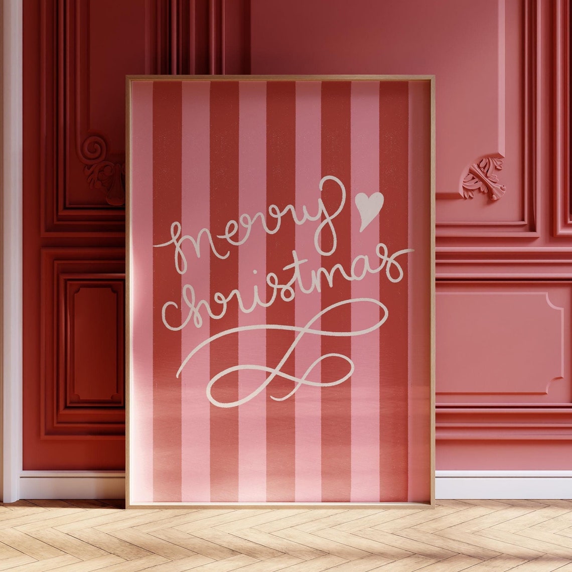 Merry Christmas Script Pink Red Striped Festive Holiday Wall Art