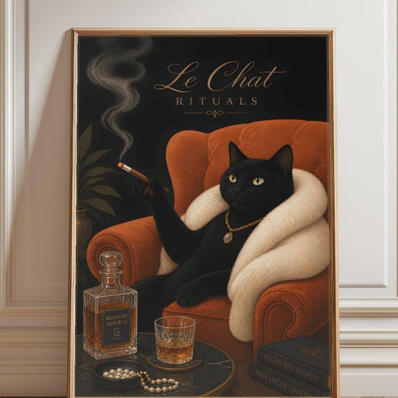 Le Chat Poster Feline Art Print Cat Illustration Elegant Wall Decor Humorous Artwork