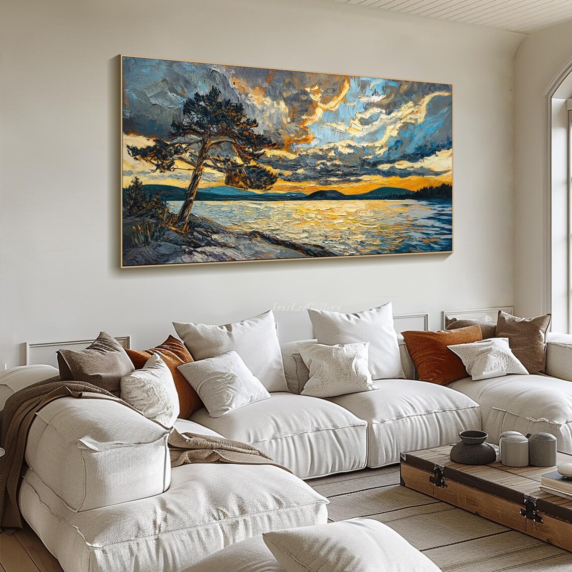 Sunset Landscape Painting On Impasto Textured Tree Wall Art Tranquil Lake View Large Art Handmade Golden Hour Bathroom Decor - Image 4