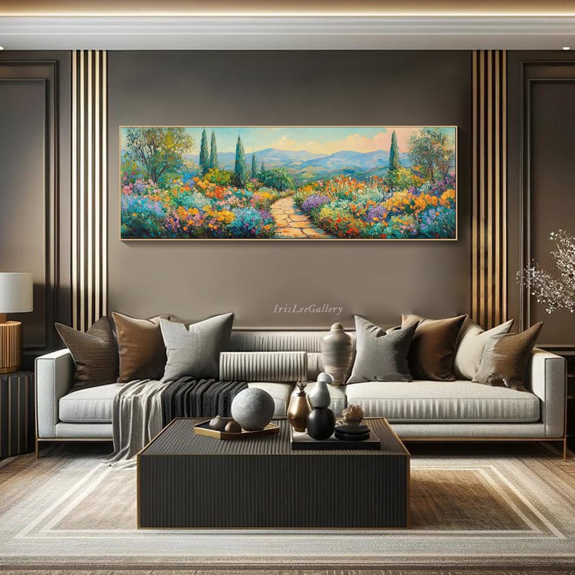 Tuscan Garden Path Cypress Trees Flowers Mountain View Art Poster - Image 2