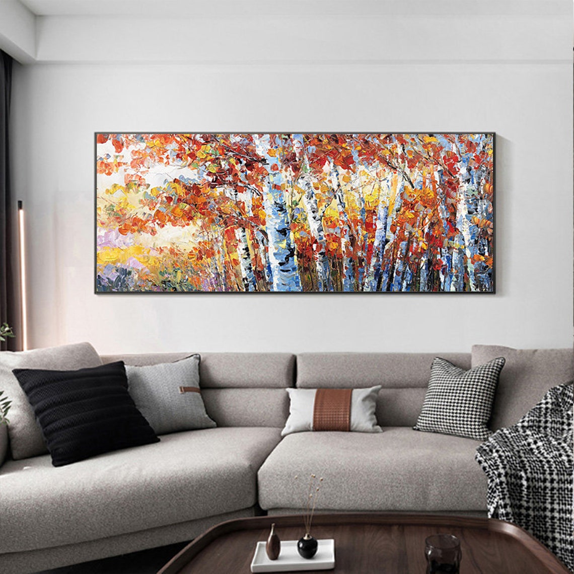 Autumn Birch Forest Red Orange Leaves Textured Impasto Art Poster - Image 3