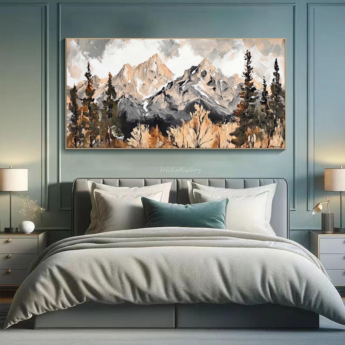 Mountain Landscape Oil Painting On 3d Texture Impasto Wall Art Large Rustic Nature Decor Neutral Tones Forest Living Room Wall Art - Image 3
