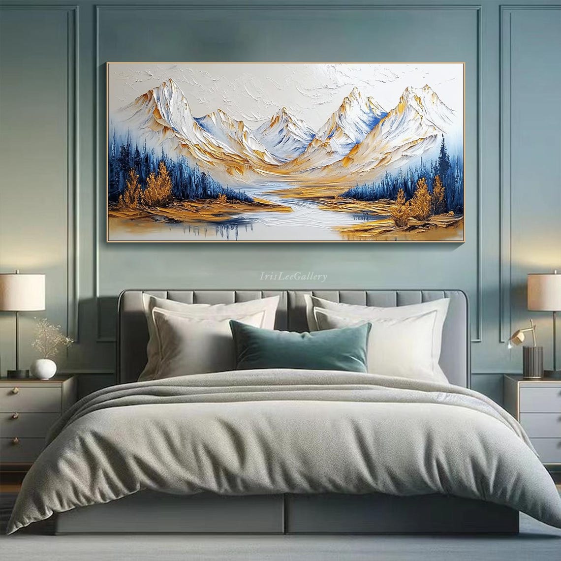 3d Textured Mountain Landscape Painting Gold And Blue Nature Impasto Snowy Peaks Artwork Handmade Painting Modern Wilderness Decor - Image 4