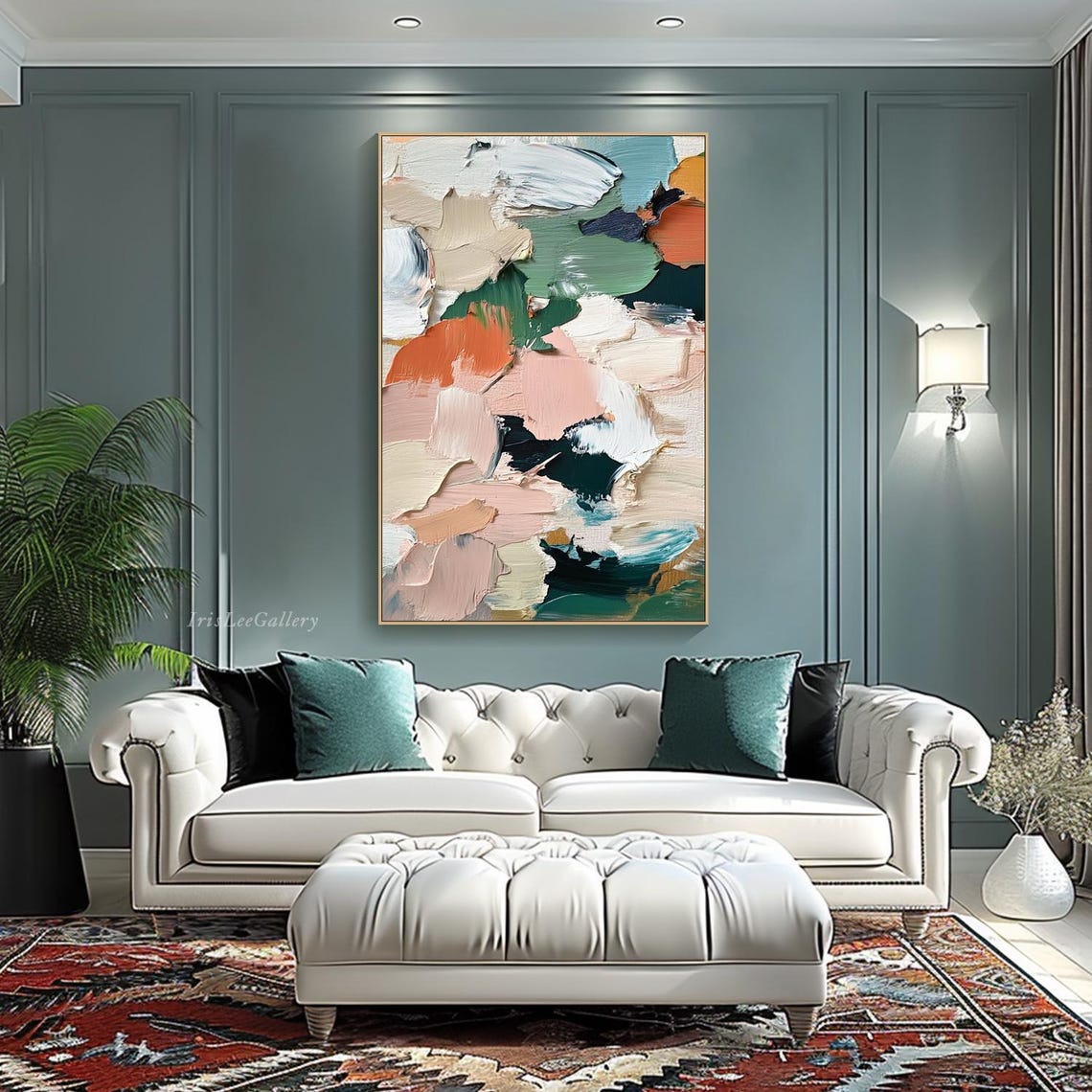 Large Colorful Abstract Painting On Impasto Textured Wall Art Sage Green Minimalist Palette Knife Bold Brushstroke Living Room Art - Image 2