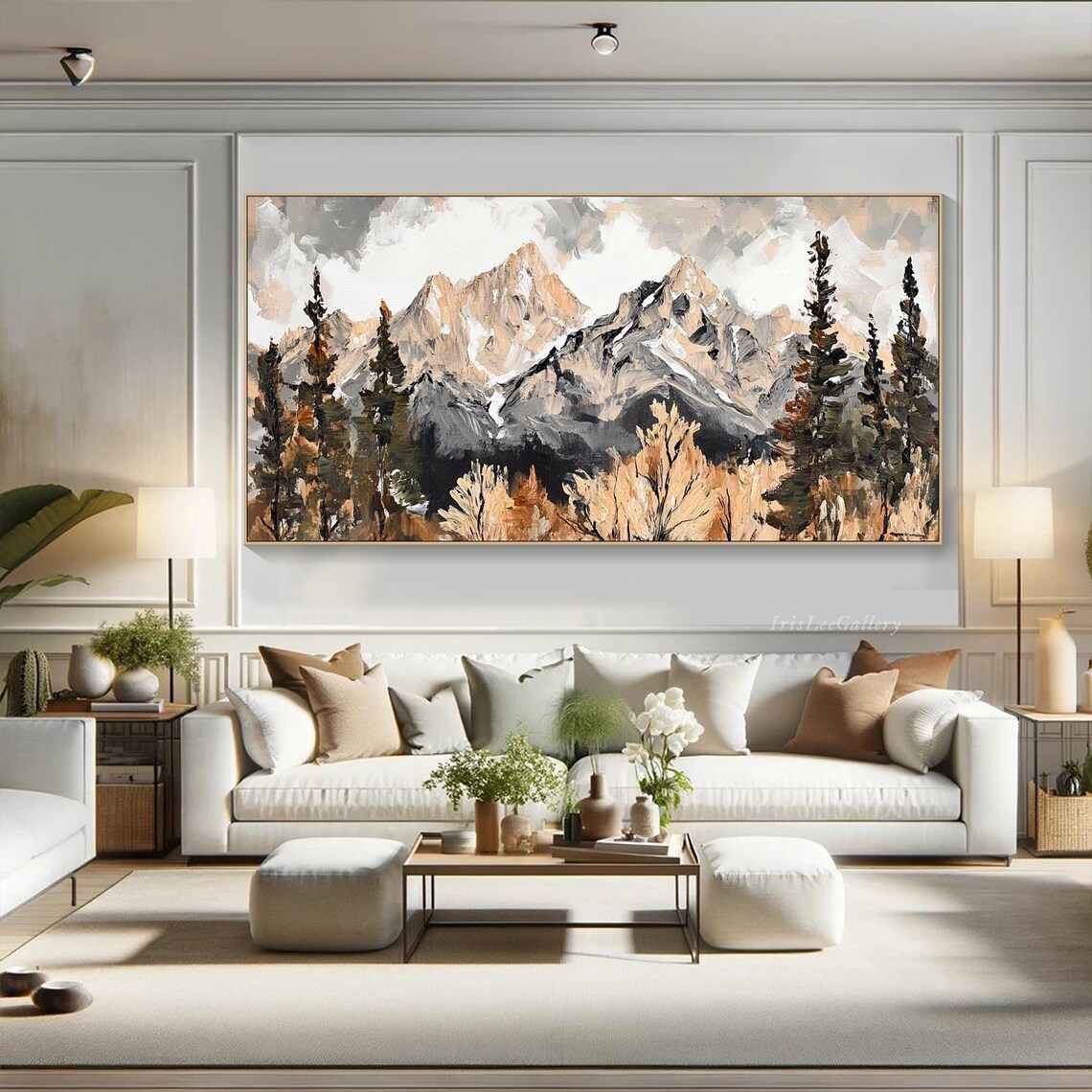 Mountain Landscape Oil Painting On 3d Texture Impasto Wall Art Large Rustic Nature Decor Neutral Tones Forest Living Room Wall Art - Image 4
