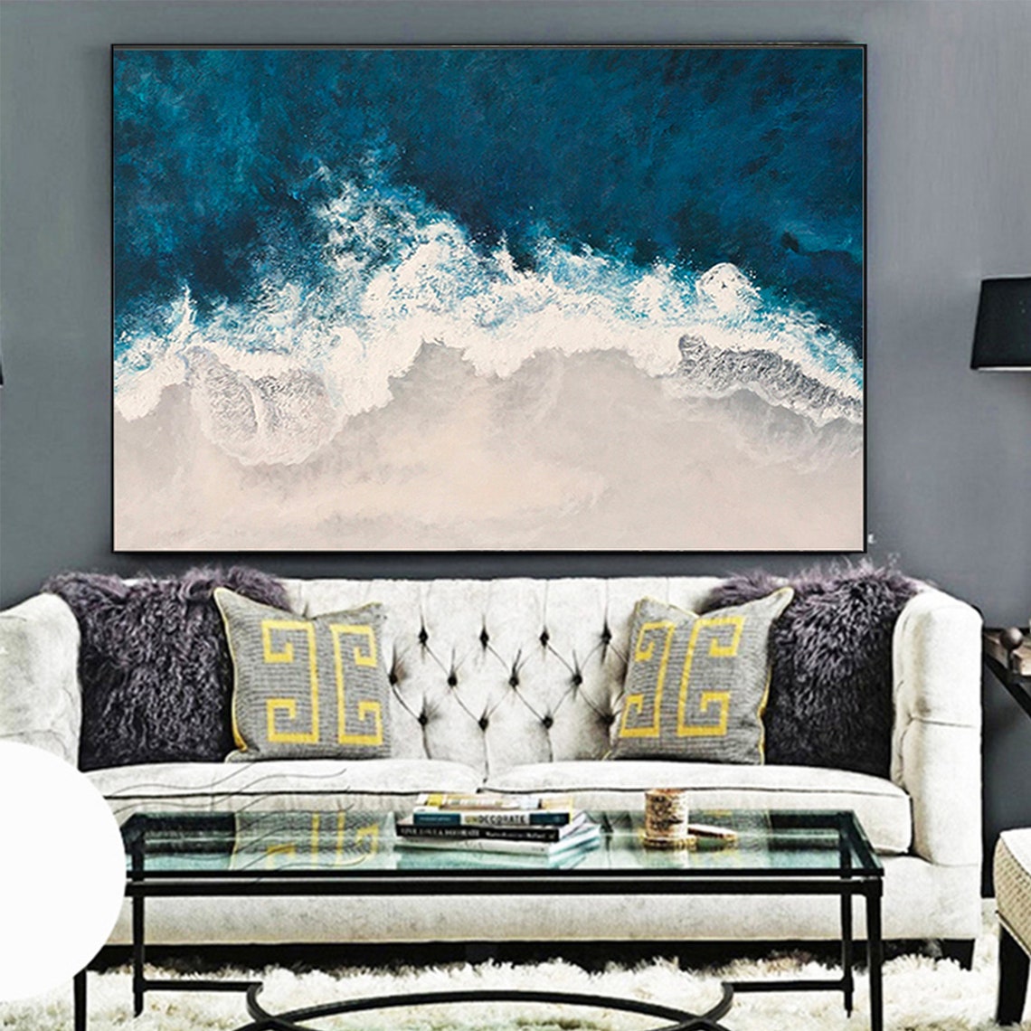 Aerial Ocean Wave Foam Deep Teal Blue Abstract Beach Wall Art - Image 3