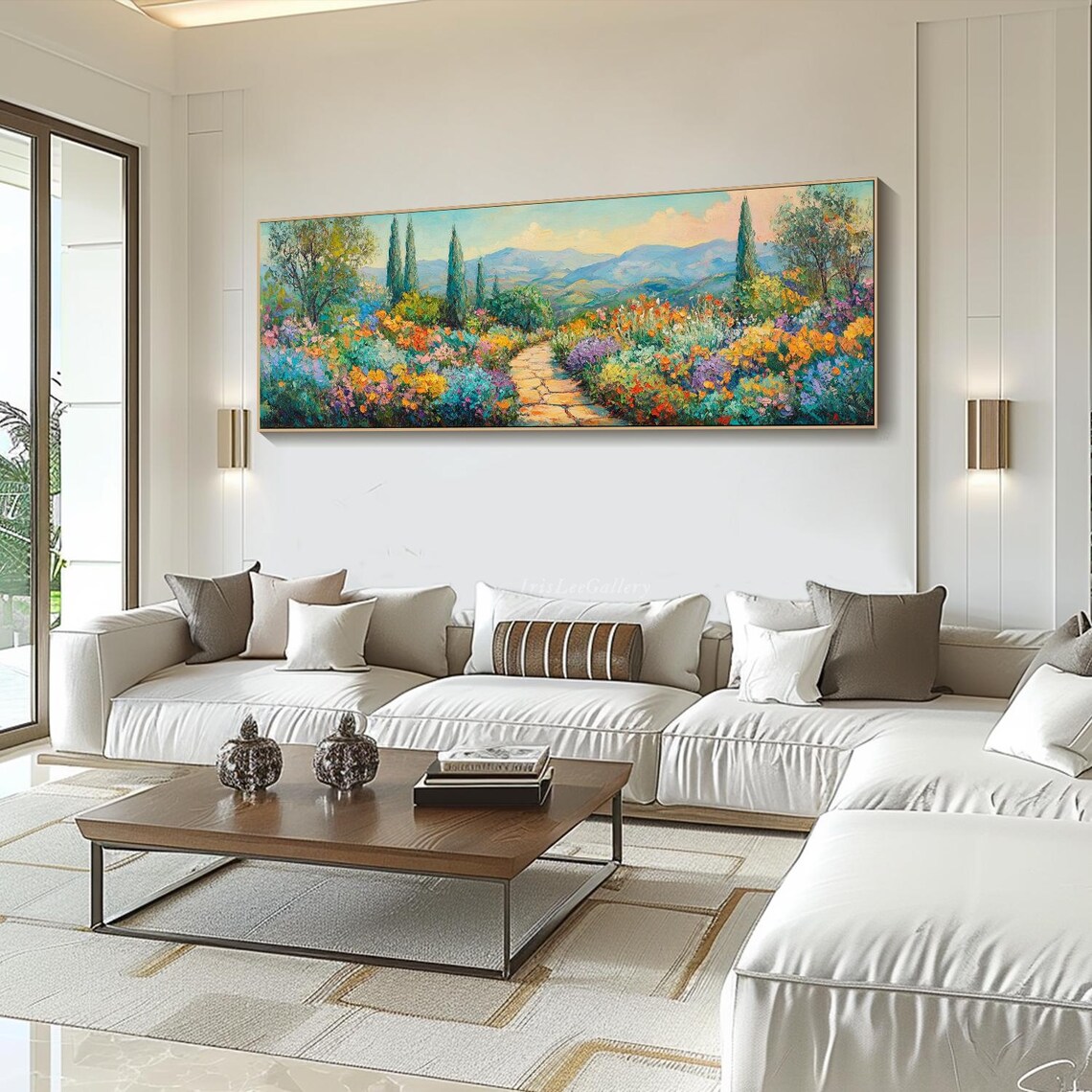 Tuscan Garden Path Cypress Trees Flowers Mountain View Art Poster - Image 3