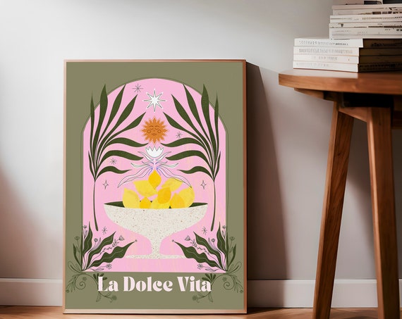 Mediterranean Lemon Bowl Print Pastel Botanical Wall Art Bohemian Floral Decor Pink And Green Retro Poster La Dolce Vita Art