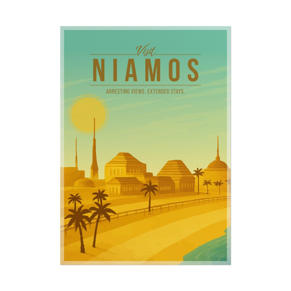 Niamos Galactic Travel Poster, Scenic Sci-Fi Art Print